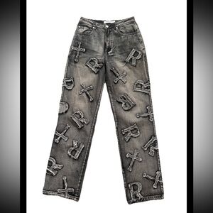 RACER WORLDWIDE Womens Midrise Graphic Streetwear Charcoal Wash Jeans Sz 28